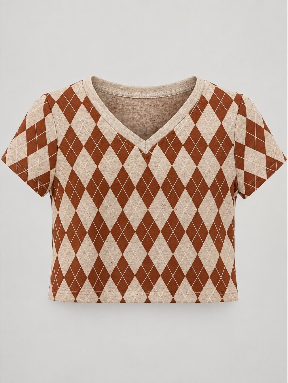 Btween Girls Size 12 Brown Beige Argyle V-Neck Cropped Knit Top Y2K